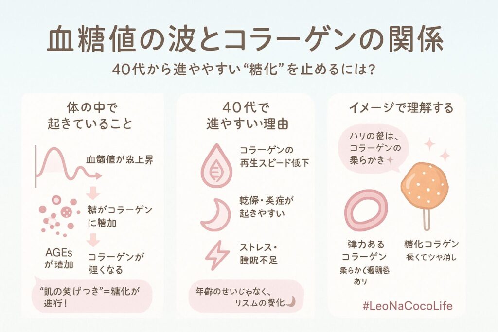 血糖値の波とコラーゲンの関係を分かりやすくイラストで紹介。
体内で起きていることや、40代で透過が進みやすい理由を解説。
