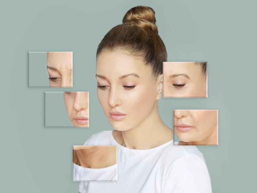 ほうれい線や、目元の皺に悩む女性。
悩みの解決法を模索中。
老化した自分に落ち込んだ女性をイメージ。