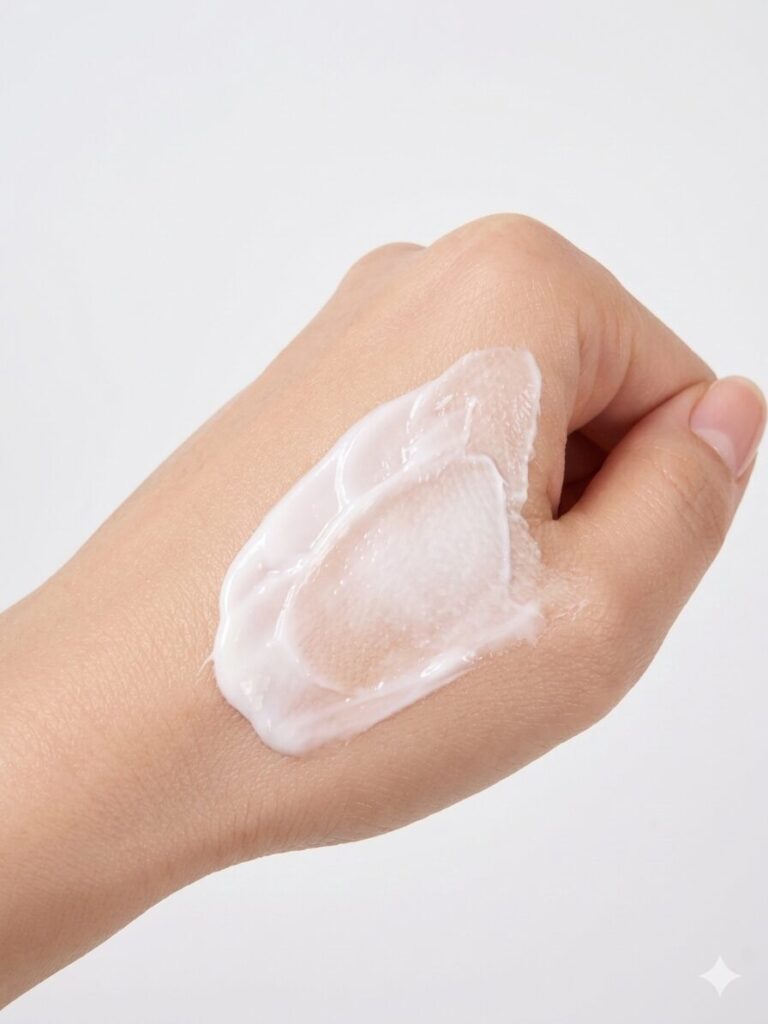 アネッサの日焼け止めを手の甲に伸ばした画像