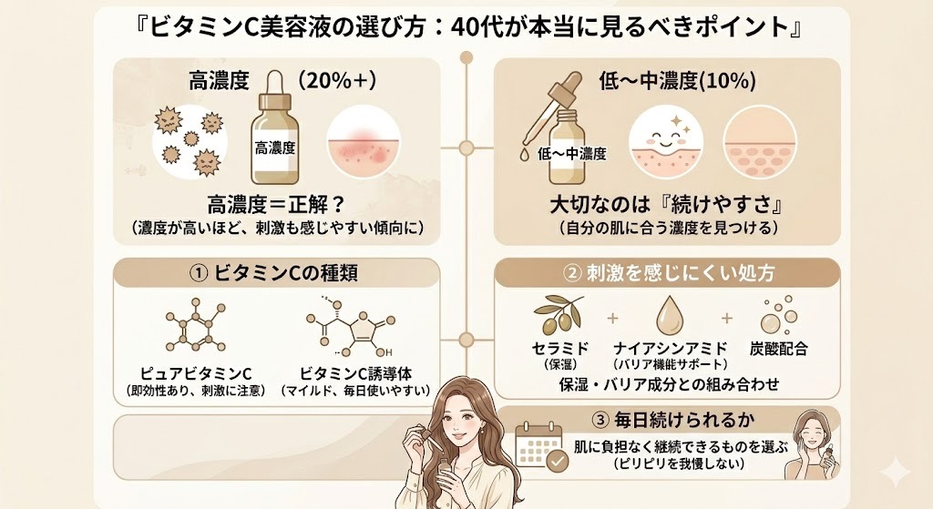 ビタミンC美容液の選び方をイラストでわかりやすく整えた画像