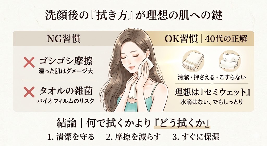 洗顔後の顔の拭き方で、肌は変わると言うブログをイラスト化したものです