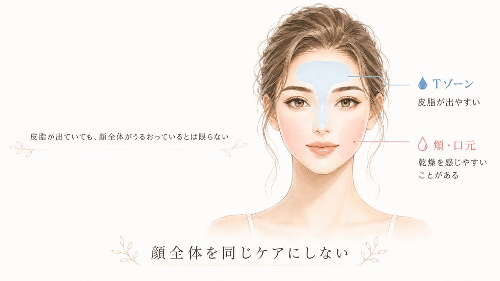 Tゾーンと頬の皮脂や水分量を表した画像