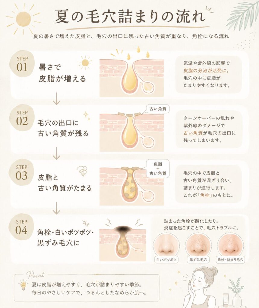 夏の毛穴の詰まりをわかりやすく解説したイラスト