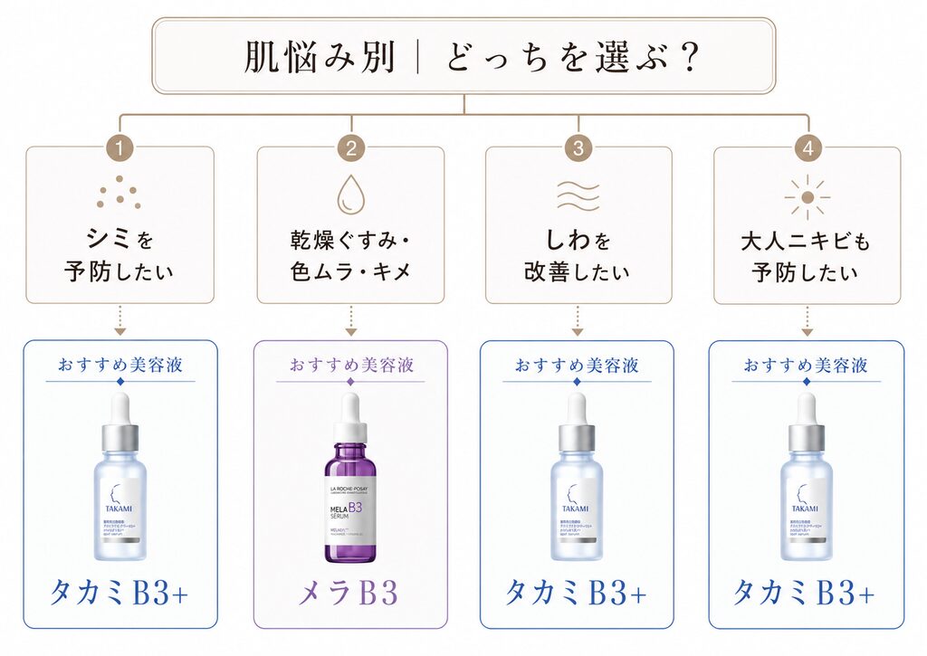 肌悩み、別にメラB3とタカミB3の選び方をわかりやすくイラスト化したもの